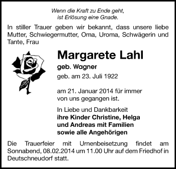 Todesanzeige von Margarete Lahl von Marienberg