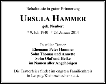 Todesanzeige von Ursula Hammer von Zschopau