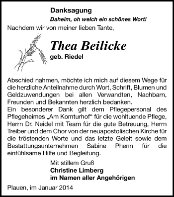 Todesanzeige von Thea Beilicke von Plauen