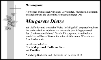 Todesanzeige von Margarete Dietze von Annaberg