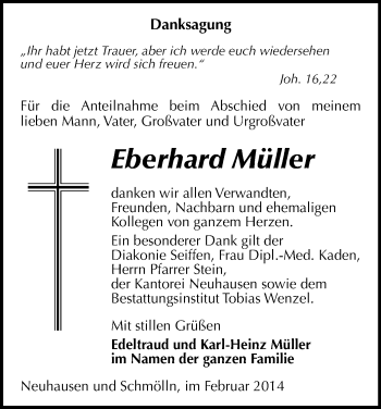 Todesanzeige von Eberhard Müller von Freiberg / Brand Erbisdorf, Marienberg