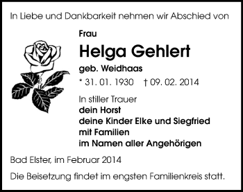 Todesanzeige von Helga Gehlert von Oberes Vogtland