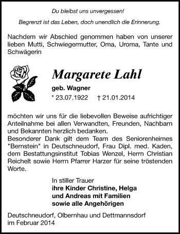 Todesanzeige von Margarete Lahl von Marienberg