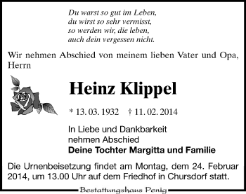 Todesanzeige von Heinz Klippel von Rochlitz