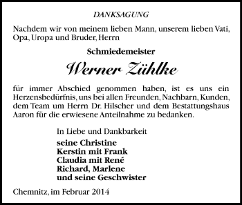 Todesanzeige von Werner Zühlke von Chemnitz