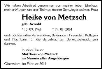 Todesanzeige von Heike von Metzsch von Glauchau