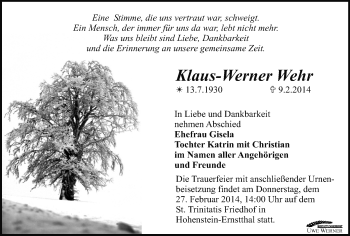 Todesanzeige von Klaus-Werner Wehr von Hohenstein-Ernstthal