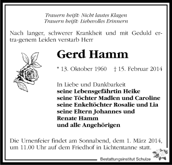 Todesanzeige von Gerd Hamm von Zwickau