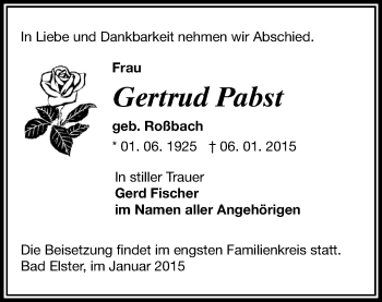 Todesanzeige von Gertrud Pabst von Oberes Vogtland