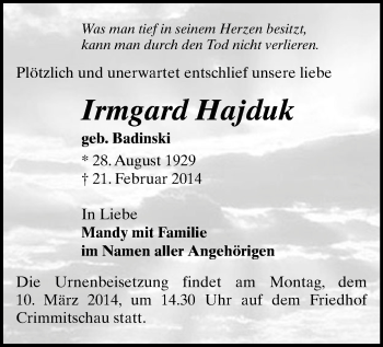 Todesanzeige von Irmgard Hajduk von Werdau