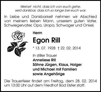 Todesanzeige von Egon Rill von Oberes Vogtland