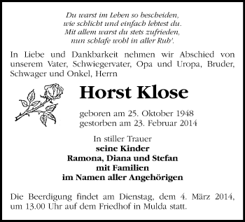 Todesanzeige von Horst Klose von Freiberg / Brand Erbisdorf