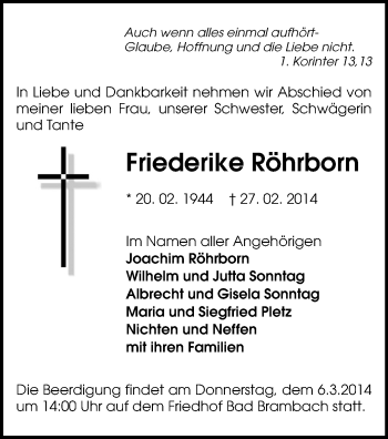 Todesanzeige von Friederike Röhrborn von Oberes Vogtland
