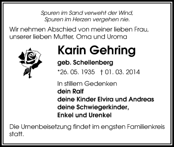 Todesanzeige von Karin Gehring von Rochlitz