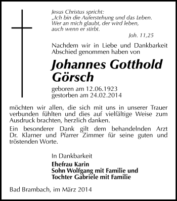 Todesanzeige von Johannes Gotthold Görsch von Oberes Vogtland