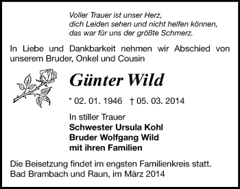 Todesanzeige von Günter Wild von Oberes Vogtland