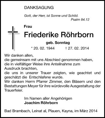 Todesanzeige von Friederike Röhrborn von Oberes Vogtland