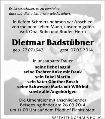 Todesanzeige von Dietmar Badstübner von Zwickau