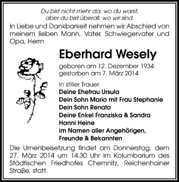 Todesanzeige von Eberhard Wesely von Chemnitz