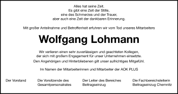 Todesanzeige von Wolfgang Lohmann von Plauen