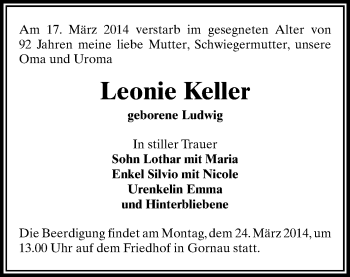 Todesanzeige von Leonie Keller von Zschopau