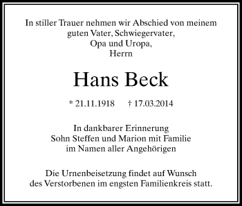 Todesanzeige von Hans Beck von Flöha