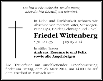 Todesanzeige von Friedel Wittenberg von Mittweida