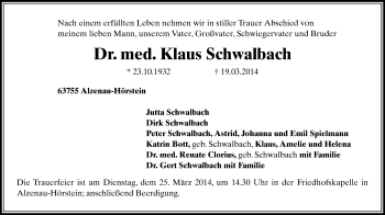 Todesanzeige von Klaus Schwalbach von Zschopau