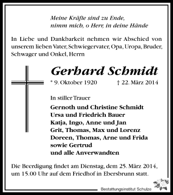 Todesanzeige von Gerhard Schmidt von Zwickau