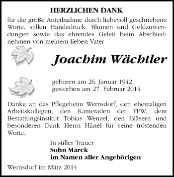 Todesanzeige von Joachim Wächtler von Marienberg