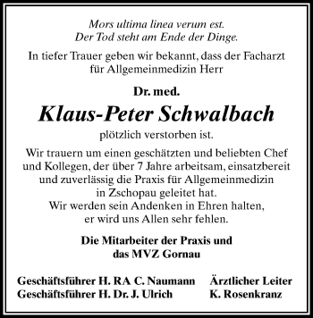 Todesanzeige von Klaus-Peter Schwalbach von Zschopau