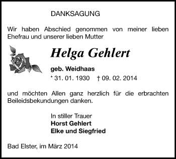 Todesanzeige von Helga Gehlert von Oberes Vogtland