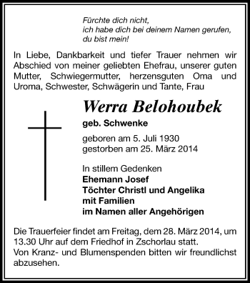 Todesanzeige von Werra Belohoubek von Aue