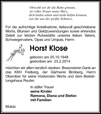 Todesanzeige von Horst Klose von Freiberg / Brand Erbisdorf
