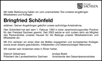 Todesanzeige von Bringfried Schnfeld von Chemnitz, Stollberg