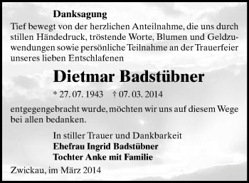 Todesanzeige von Dietmar Badstübner von Zwickau