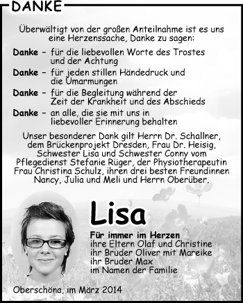 Todesanzeige von Lisa  von Freiberg / Brand Erbisdorf