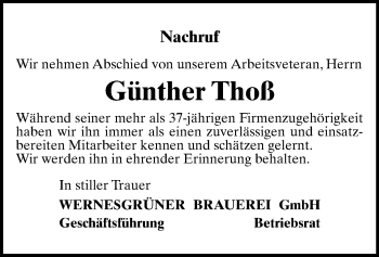 Todesanzeige von Günther Thoß von Auerbach