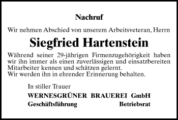 Todesanzeige von Siegfried Hartenstein von Auerbach