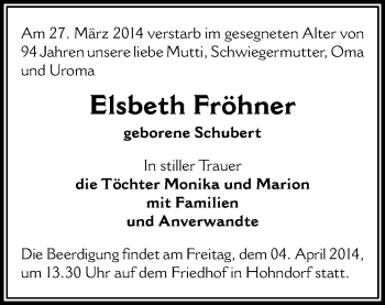 Todesanzeige von Elsbeth Fröhner von Zschopau