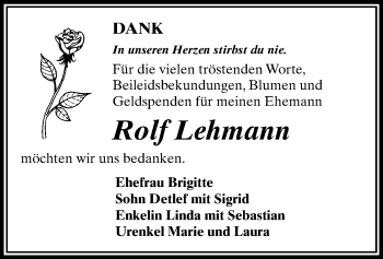 Todesanzeige von Rolf Lehmann von Stollberg