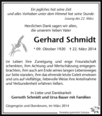 Todesanzeige von Gerhard Schmidt von Zwickau