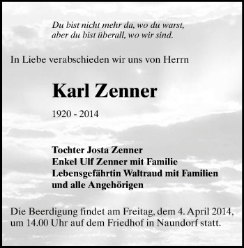 Todesanzeige von Karl Zenner von Freiberg / Brand Erbisdorf, Marienberg