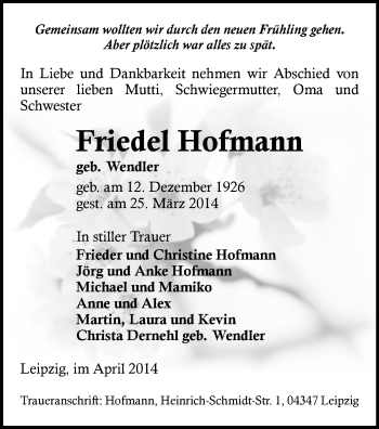 Todesanzeige von Friedel Hofmann von Chemnitz