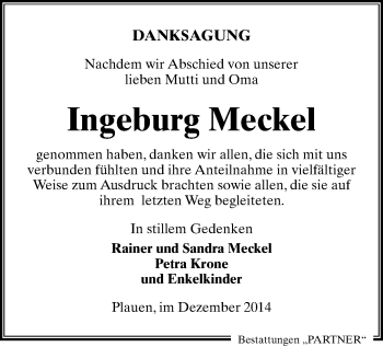 Todesanzeige von Ingeburg Meckel von Plauen