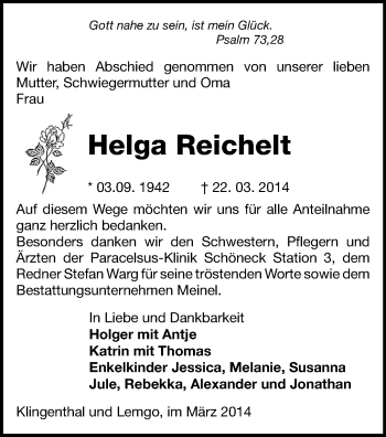 Todesanzeige von Helga Reichelt von Oberes Vogtland