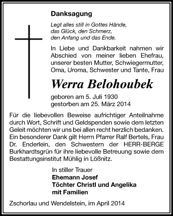 Todesanzeige von Werra Belohoubek von Aue