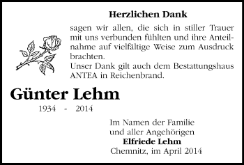 Todesanzeige von Günter Lehm von Chemnitz