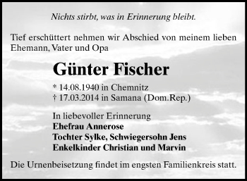 Todesanzeige von Günter Fischer von Chemnitz
