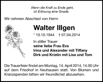 Todesanzeige von Walter Illgen von Freiberg / Brand Erbisdorf